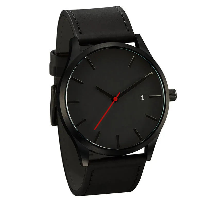 Casual quartz watch with 42mm dial, matte leather strap, calendar display, black dial, spiral crown