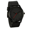 Casual quartz watch with 42mm dial, matte leather strap, calendar display, black dial, spiral crown