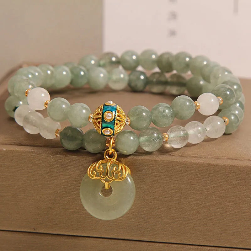Women's double-layer aventurine jade bracelet with crystal accents and peace buckle safety clasp