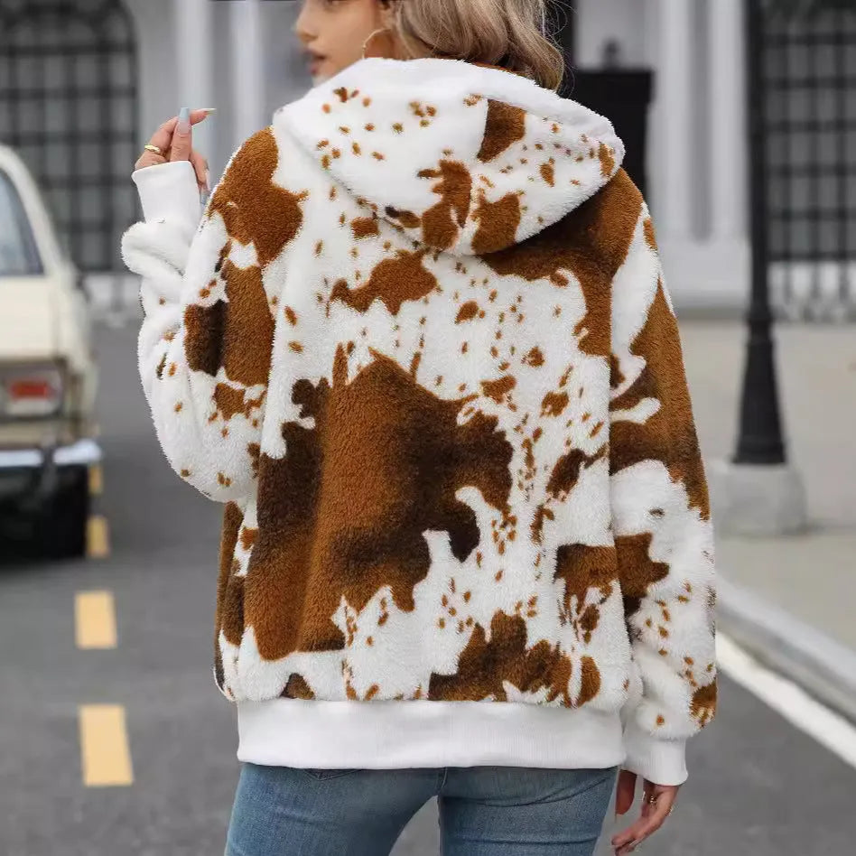 Yellow brown cow animal pattern hooded cardigan jacket with zip front and regular sleeves