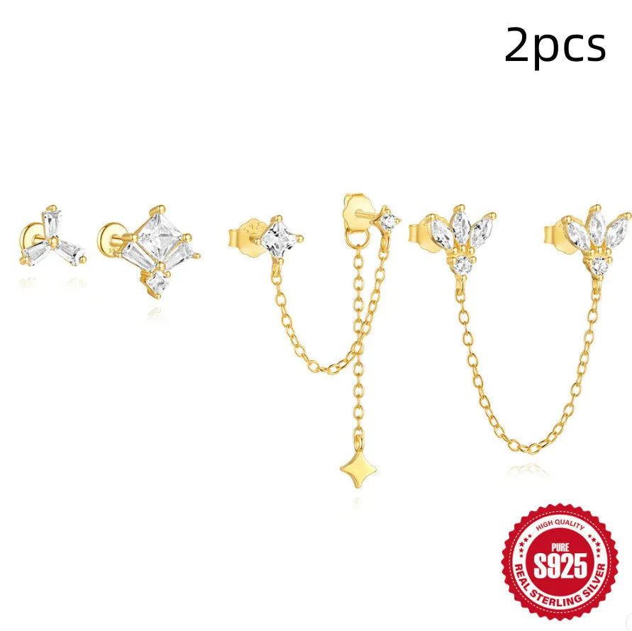 Sterling silver chain stud earrings with zircon inlay in geometric shapes including clover and crown designs