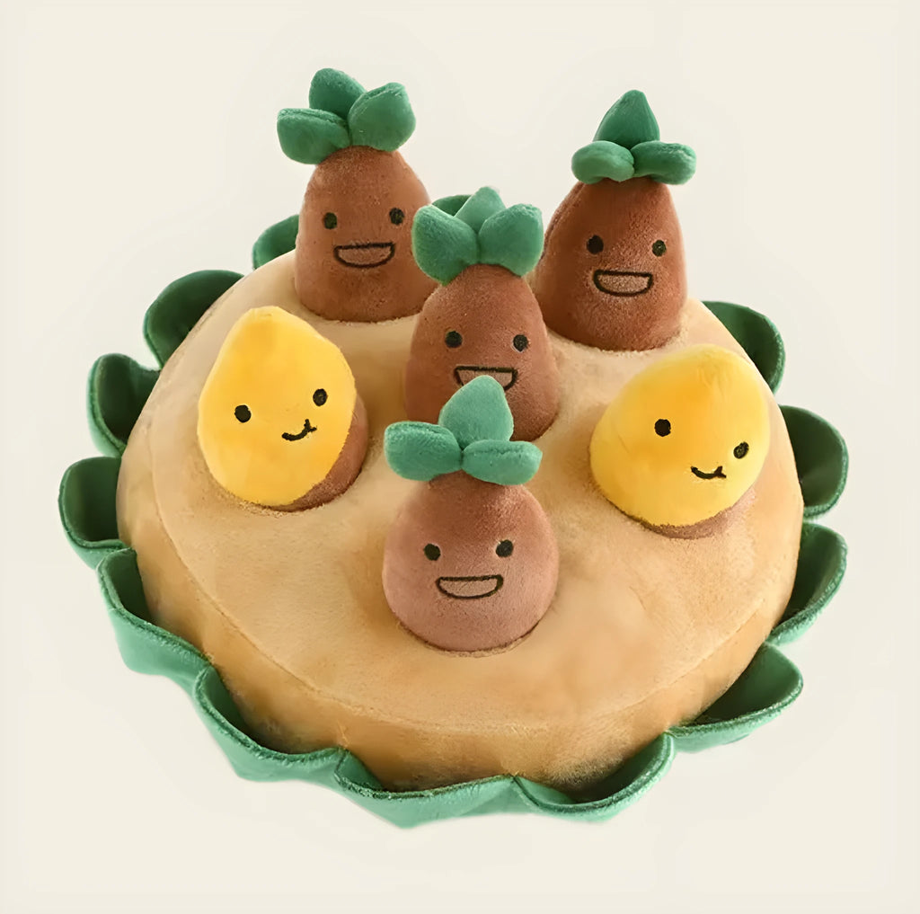 Yellow interactive dog puzzle foraging pad with removable squeaky plush toys on a 40 cm square polyester base.
