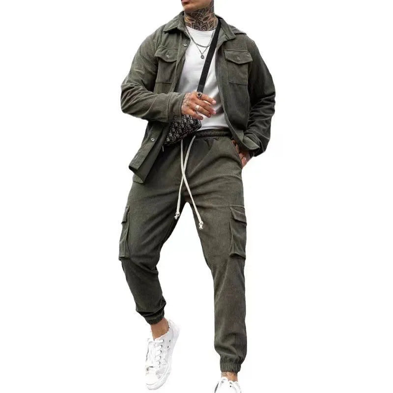Men's cotton blend fashion casual sports suit in army green with long sleeve jacket and matching trousers for autumn wear