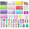 Assorted candy colour metal snap hair clips with animal, fruit, crown, star, and flower designs.