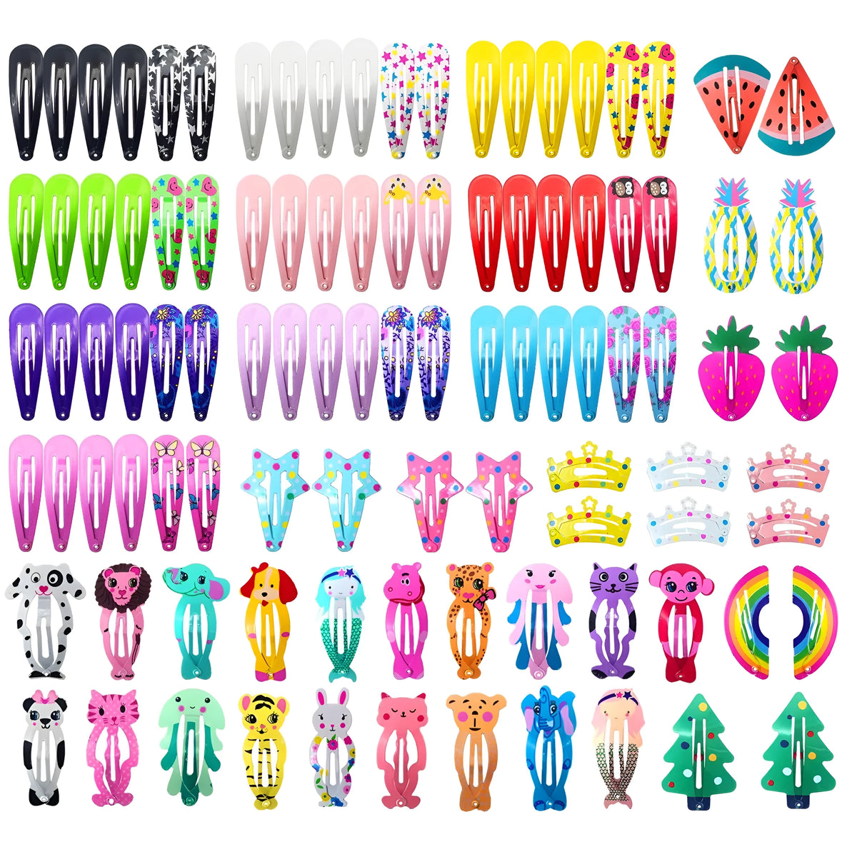 Assorted candy colour metal snap hair clips with animal, fruit, crown, star, and flower designs.