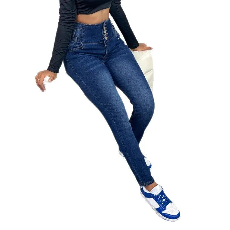 Dark blue cotton denim women's trousers with breasted front, straight legs, and button and zipper closure.