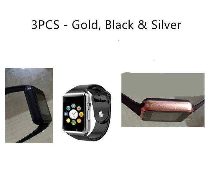 A1 Smart Watch in multiple colours on wrist showing 1.54-inch touch screen and camera.