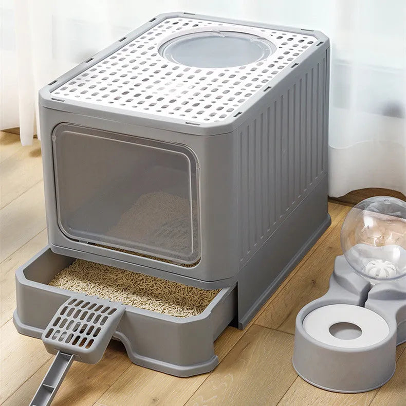 Large double door drawer foldable cat litter basin in PP, 50x38x39cm, grey colour with cat shovel