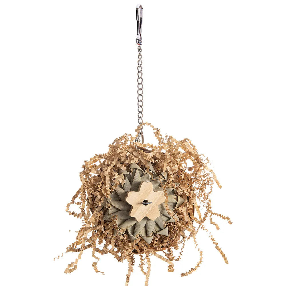 Natural wooden bird chew toy with cotton rope elements for parrots and small birds