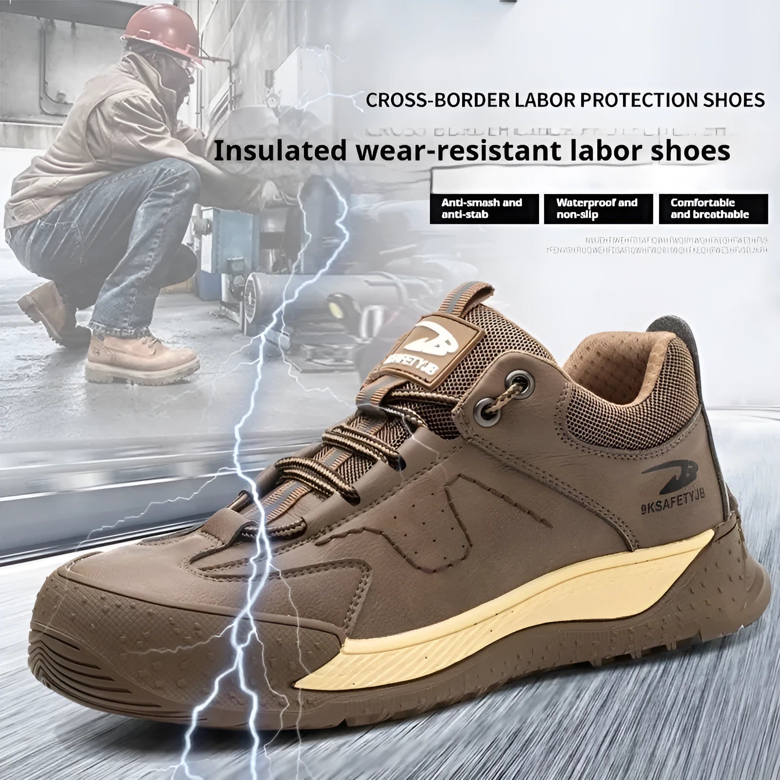 Flyknit leather safety work shoe with rubber sole, shown in black colour.