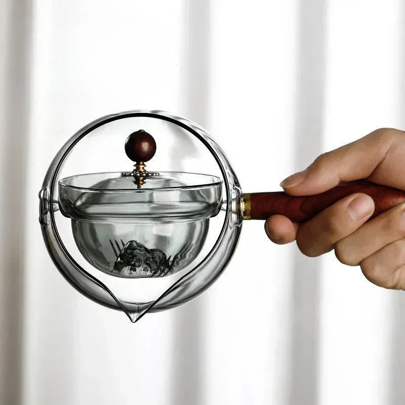 Semi-automatic rotary glass teapot with infuser and wooden handle, transparent borosilicate glass, modern simplicity style