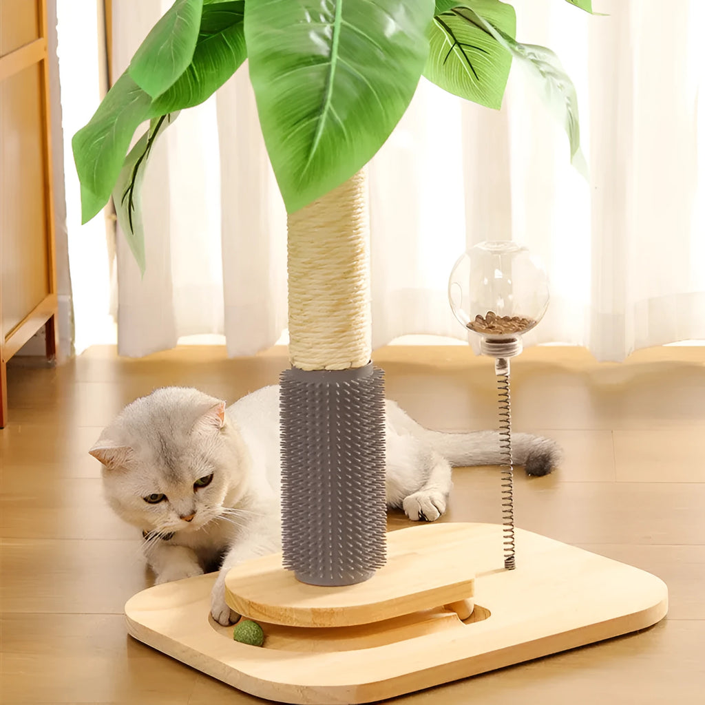 Vertical solid wood cat scratching post in a canna green-grey colour finish.