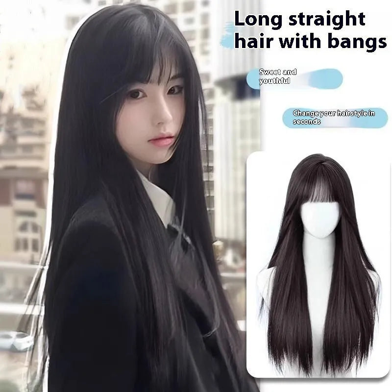 Black long straight synthetic wig with bangs for women in brown-black colour option