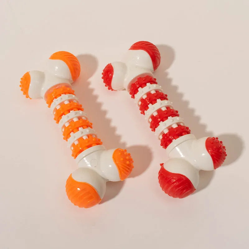 Blue, orange, and red bone-shaped interactive chew toy with treat holder for small breed dogs.