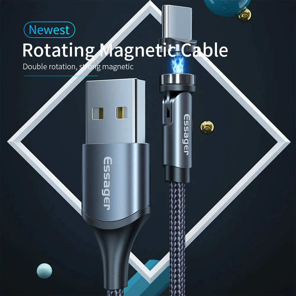 Essager 360-degree rotate magnetic USB-C charging cable with nylon braid, blue LED indicator, and aluminium alloy connector in black