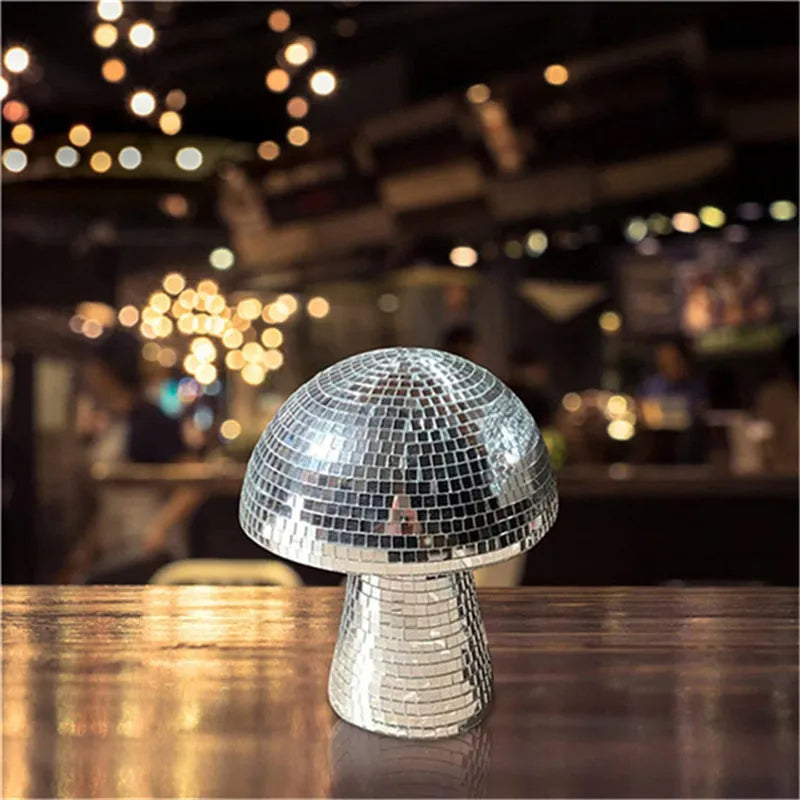 Handmade glass mushroom disco ball ornament with mirror brick upholstery in silver finish small size