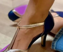 Women's round toe high heels in light blue and pink, showing button closure, for sizes 34-43.