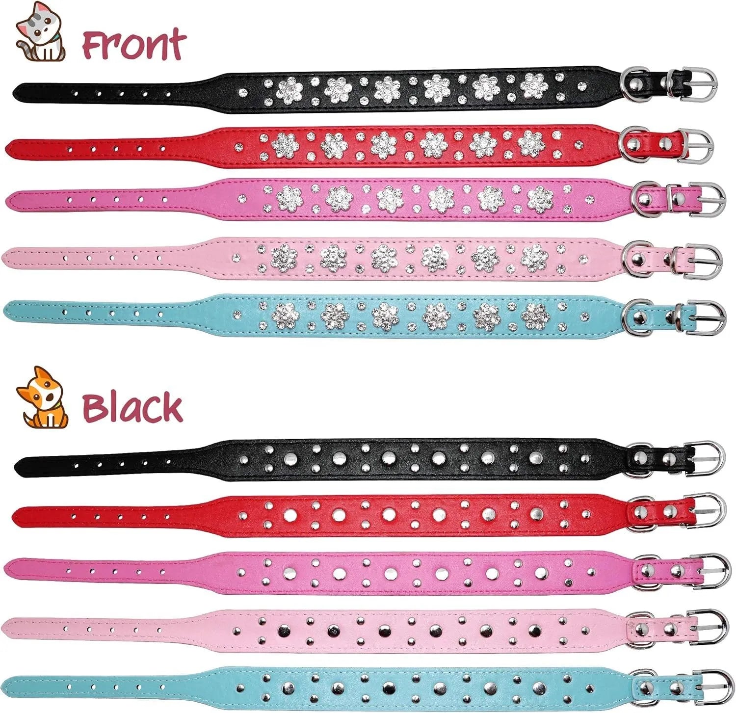 A black PU leather dog collar decorated with sparkling rhinestone flowers and metal studs, showing the adjustable eyelets and metal D-ring.