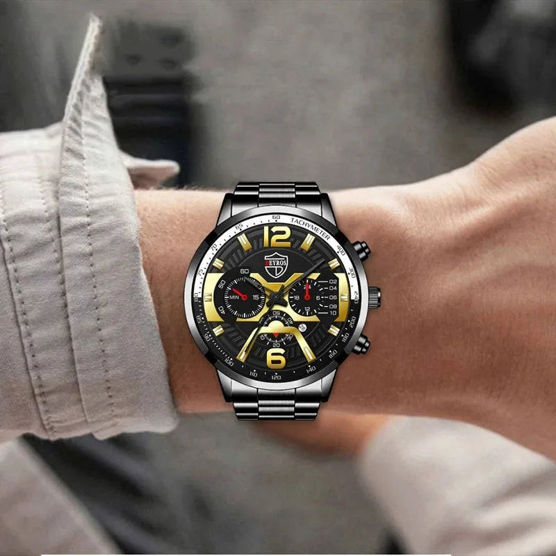 Men's stainless steel quartz watch with 40mm dial and date window on black background