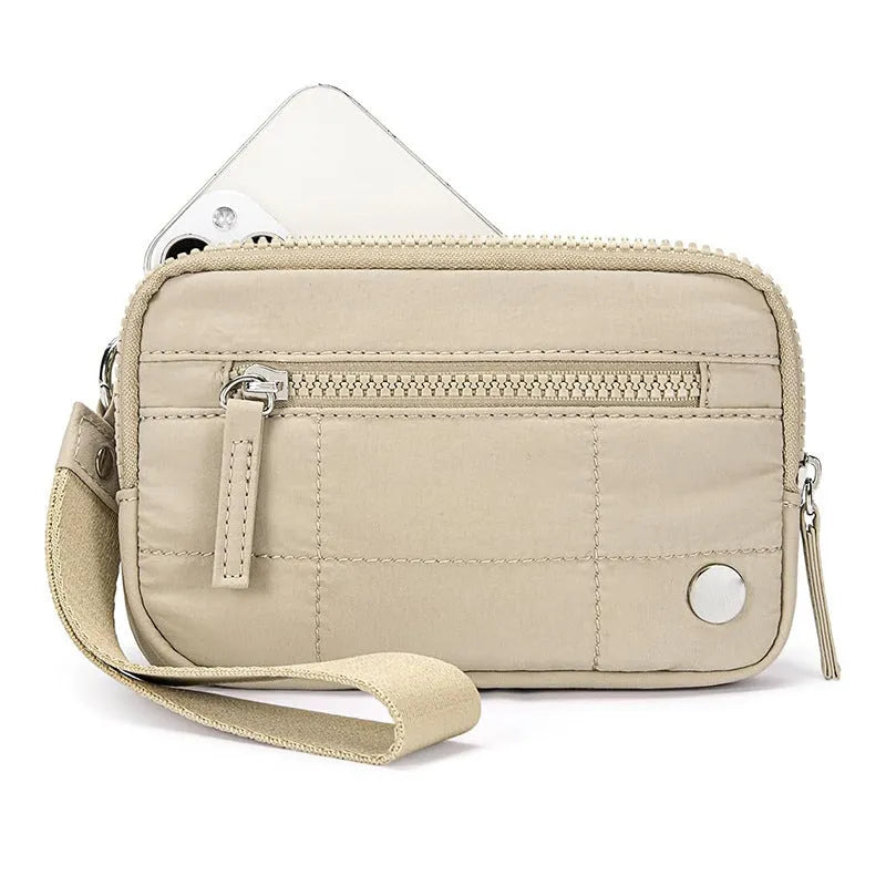 Waterproof quilted transparent deck handbag in nylon fabric with detachable shoulder strap