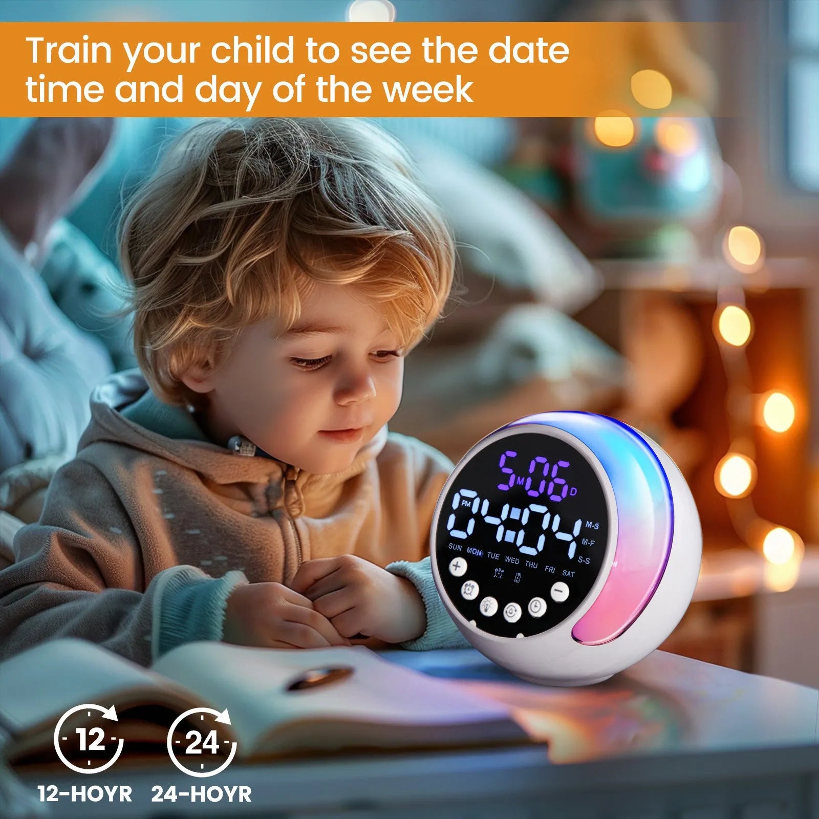 Multifunctional children's alarm clock in milky white ABS with RGB night light and wake-up light