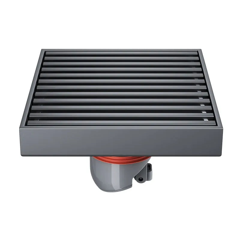304 stainless steel courtyard floor drain with gun grey ABS plastic core, measuring 15x15 cm.
