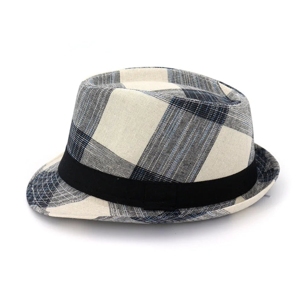 Blue bell-crown sun hat with a flat 4.5cm brim on a neutral background