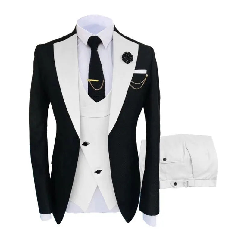 Men's slim fit cotton three-piece business suit with vest for formal occasions.