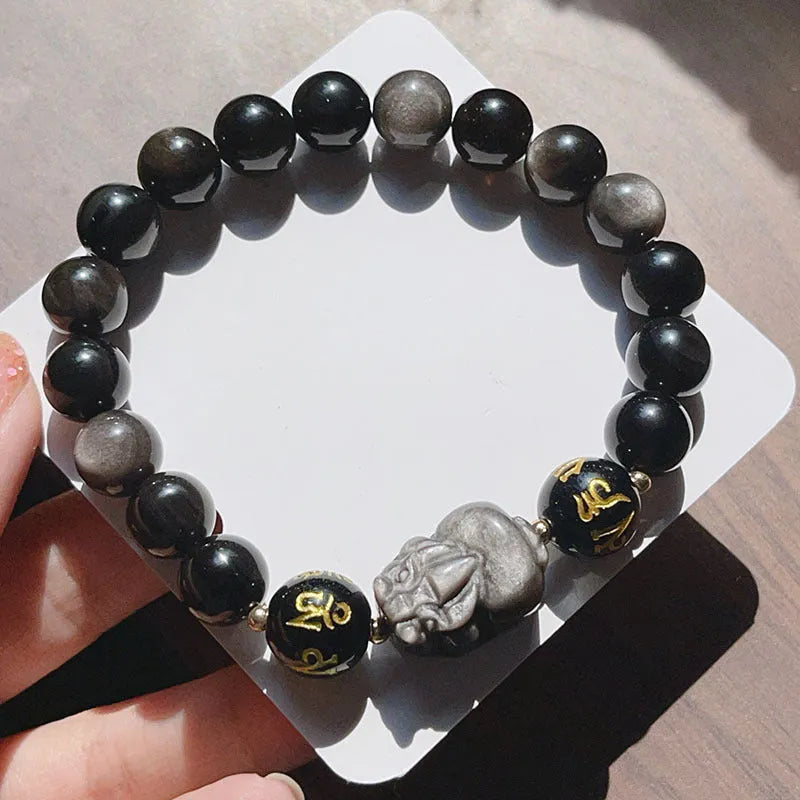 Men's natural silver stone bracelet with handcrafted Chinese zodiac engravings and beaded design