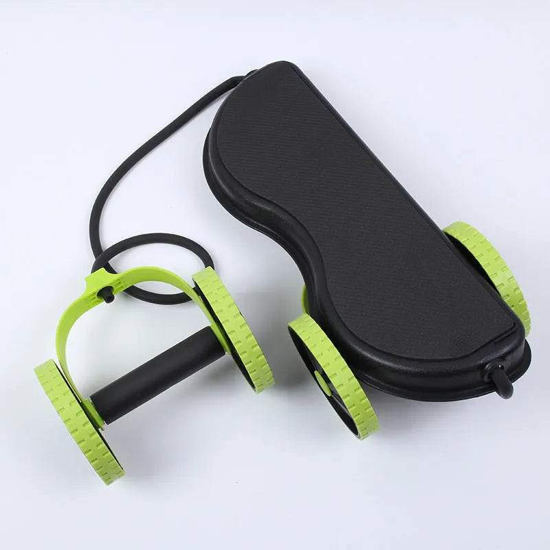 Double-wheeled green abdominal rally wheel with pull rope on floor for core exercises