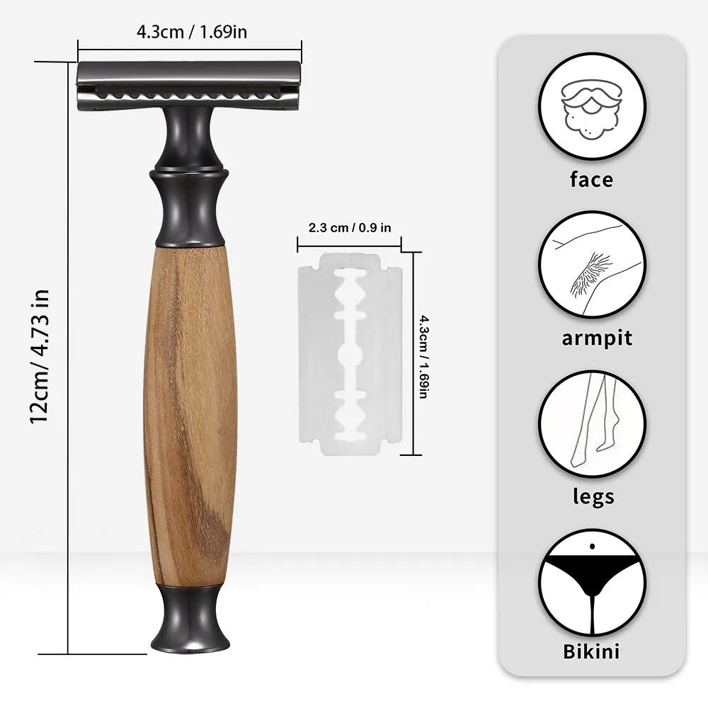 Copper coloured men's manual shaving razor with olive wood handle and aluminium razor holder