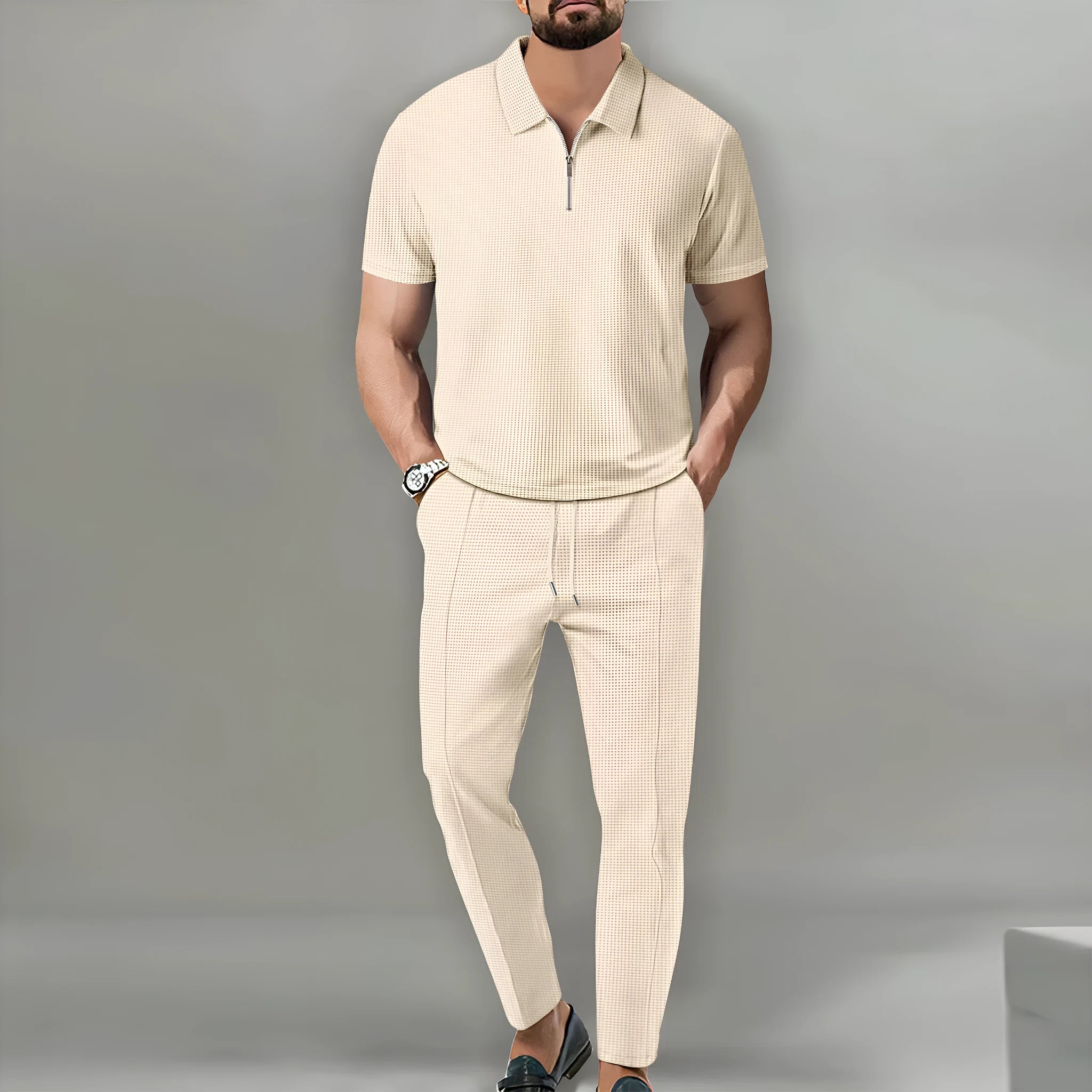 Men's waffle lapel casual suit set short sleeve top and trousers solid colour khaki