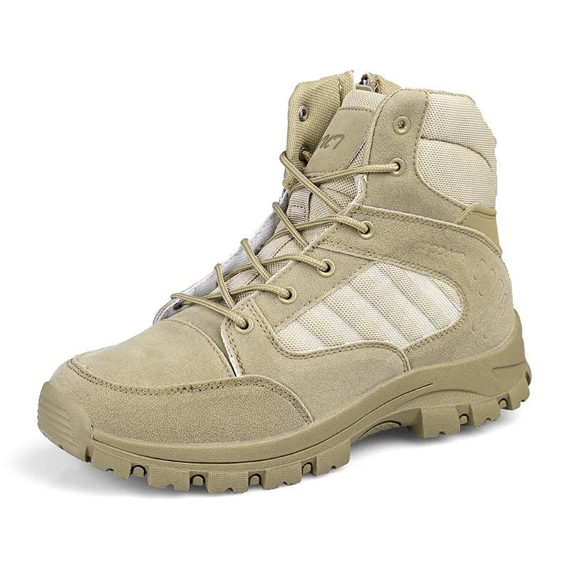 Men's black high-top hiking shoes with metal eyelets on a rocky outdoor path.