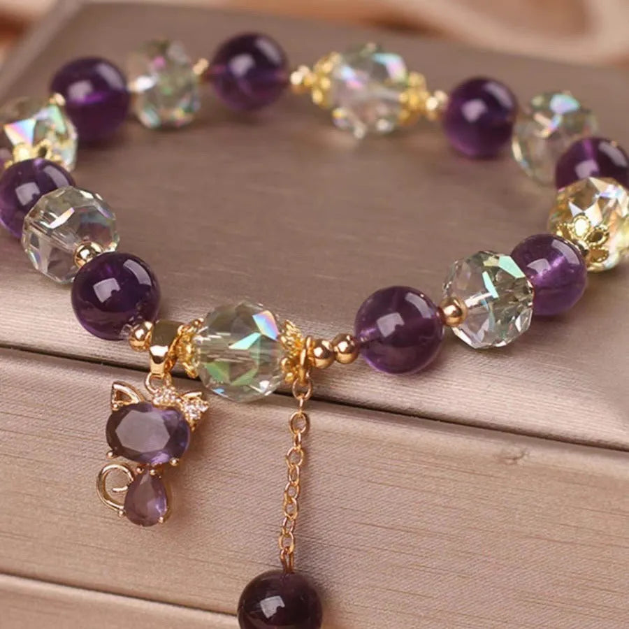 Natural amethyst fox pendant bracelet with purple crystal five-leaf flower and nine-tailed fox design