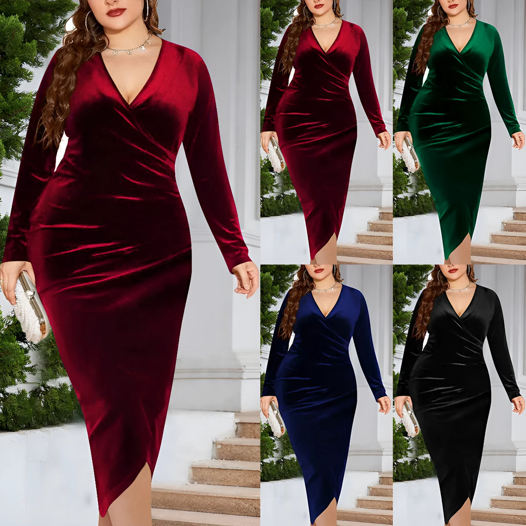 Women's plus size V-neck dress with regular long sleeves in polyester fabric available in red, green, blue, and black