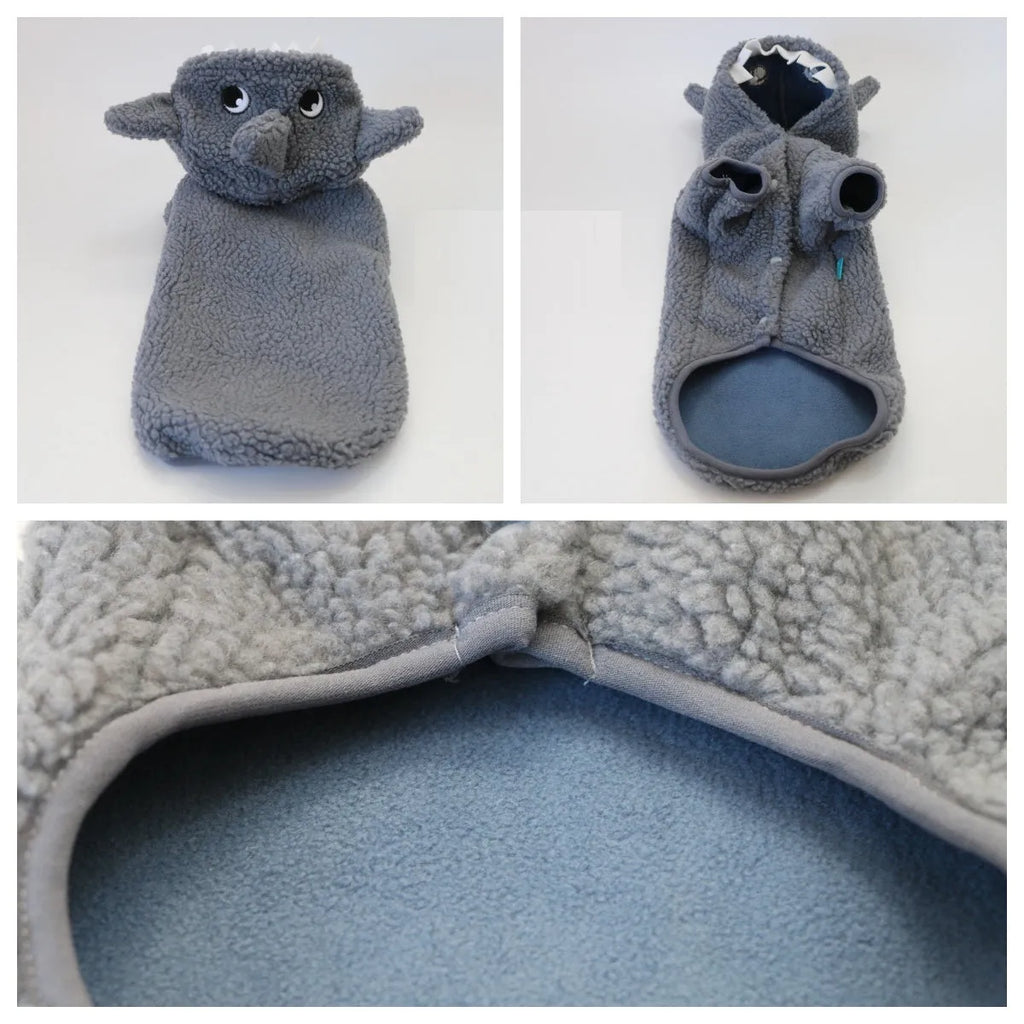 Grey shark fleece-lined hooded pet sweater for small dogs and cats on a plain background