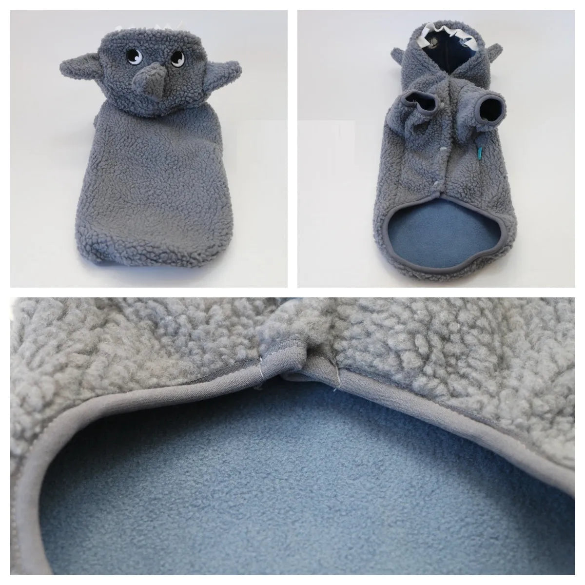 Grey shark fleece-lined hooded pet sweater for small dogs and cats on a plain background