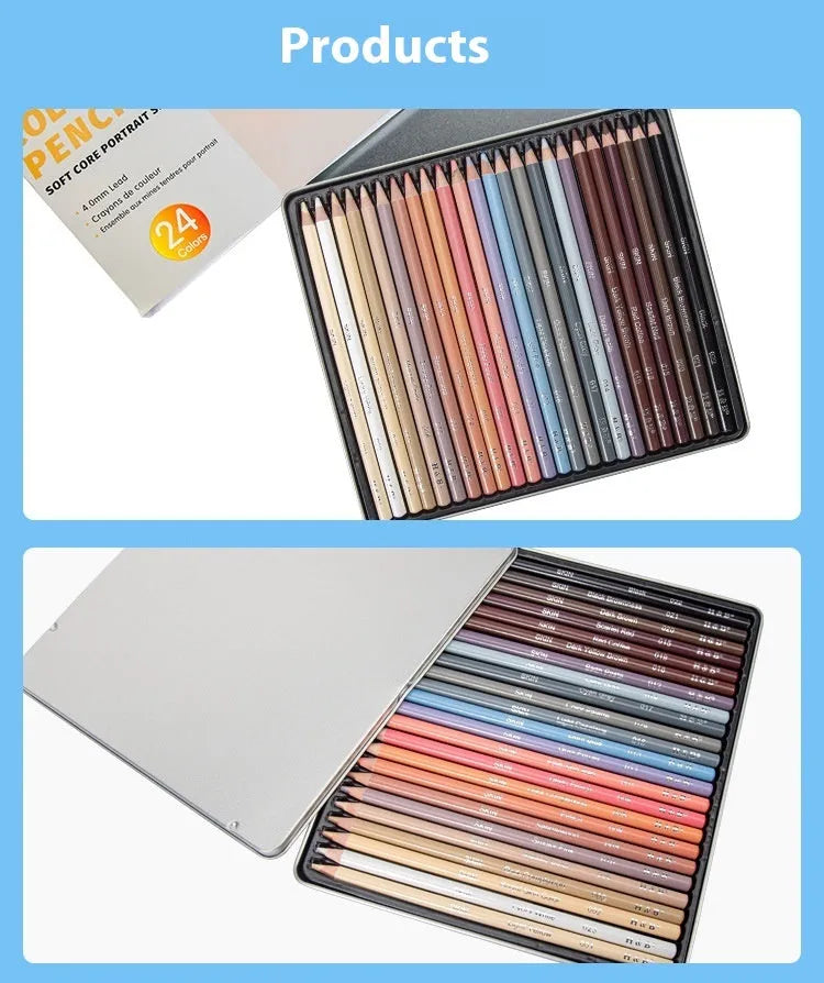 24 skin colour pencils in round metal tin case for portrait drawing art supplies