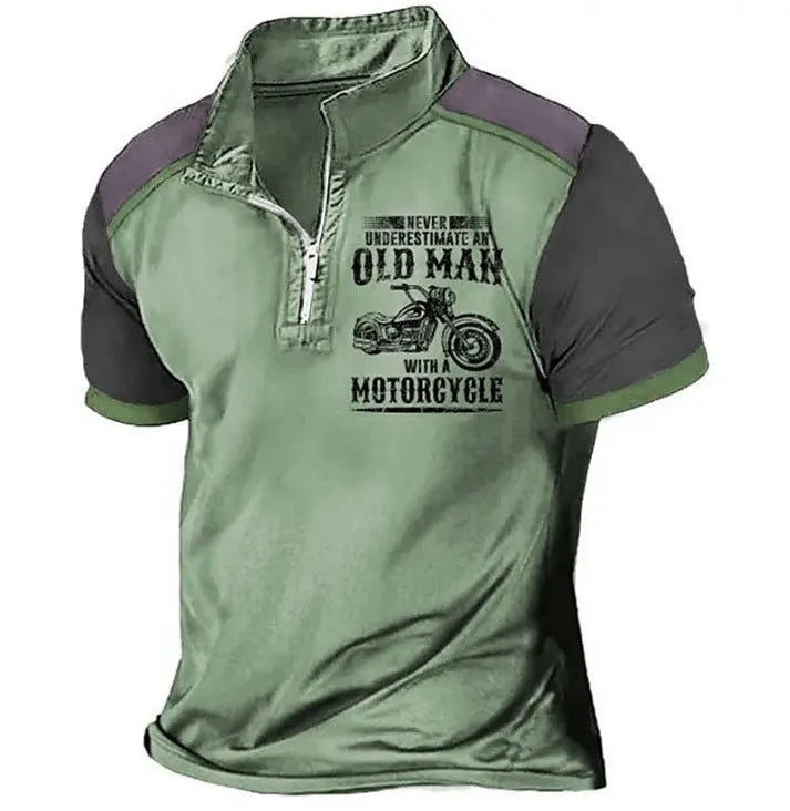 A man's short-sleeve polo shirt with a lapel collar, decorative zipper, and a digital letter print pattern.
