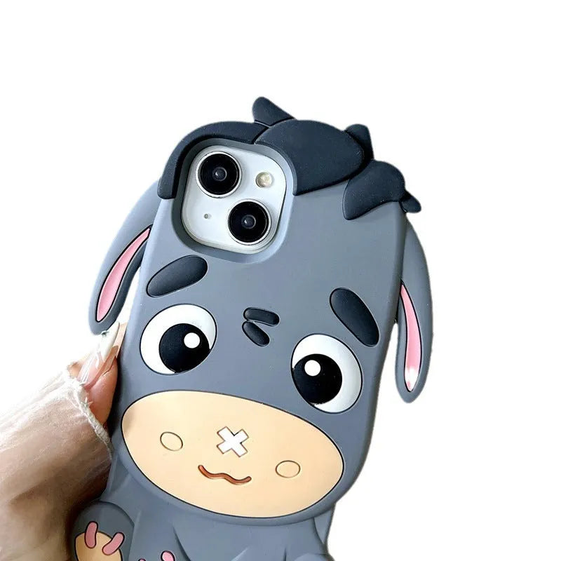 Gray silicone phone case with stereo cartoon little donkey design and epoxy finish for Apple iPhone