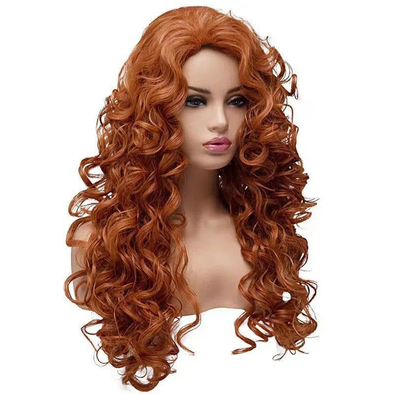 Brown long wavy curly synthetic wig with shoulder-length style for Halloween cosplay
