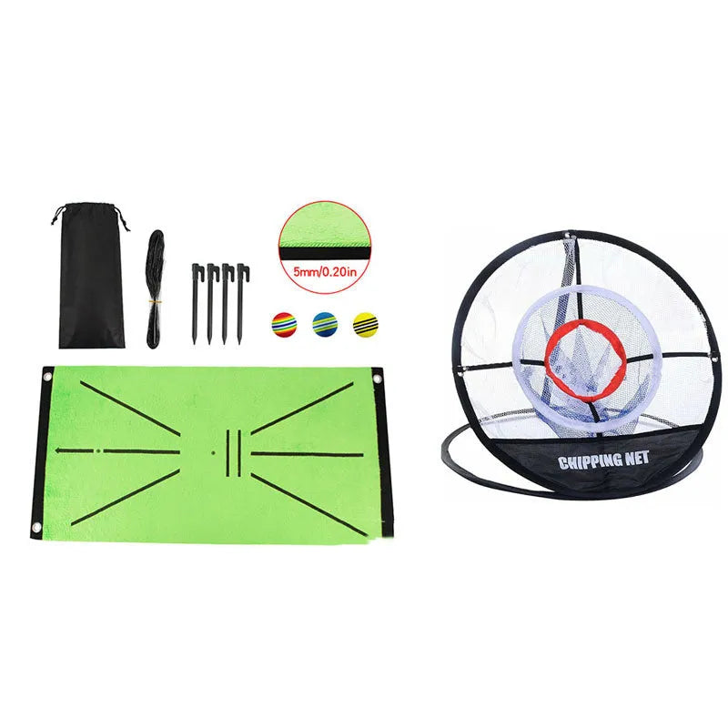 Indoor golf practice cutting pad with crystal swan suede surface and three rainbow balls on SBR base