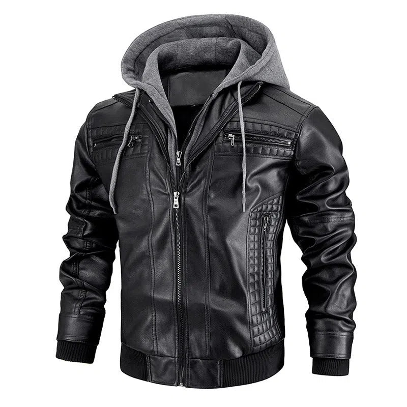 Men's black PU leather hooded jacket with zipper pockets, normal length 50cm, front view