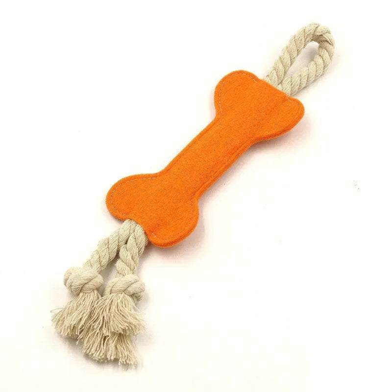 Bone-shaped felt dog toy with rope knot construction, showing black colour option