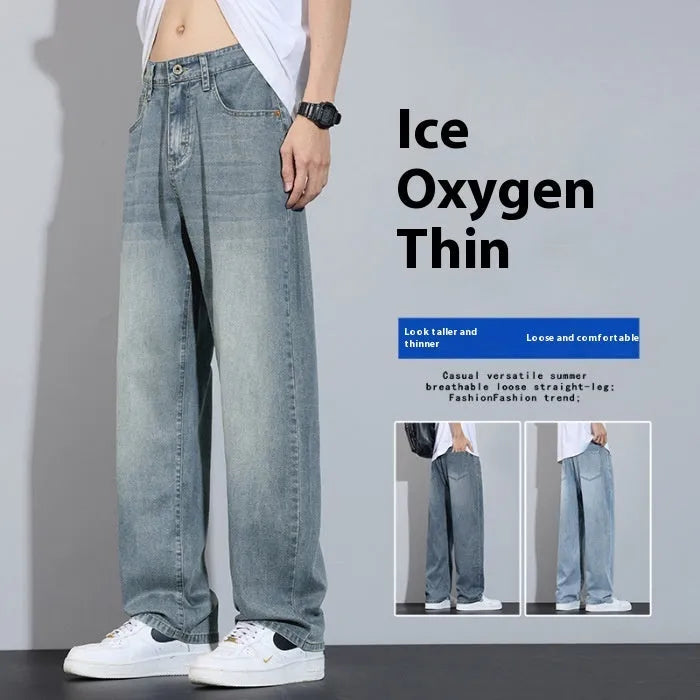 Lightweight ice silk denim straight-leg trousers in vintage blue with a zip-fly opening.