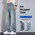 Lightweight ice silk denim straight-leg trousers in vintage blue with a zip-fly opening.