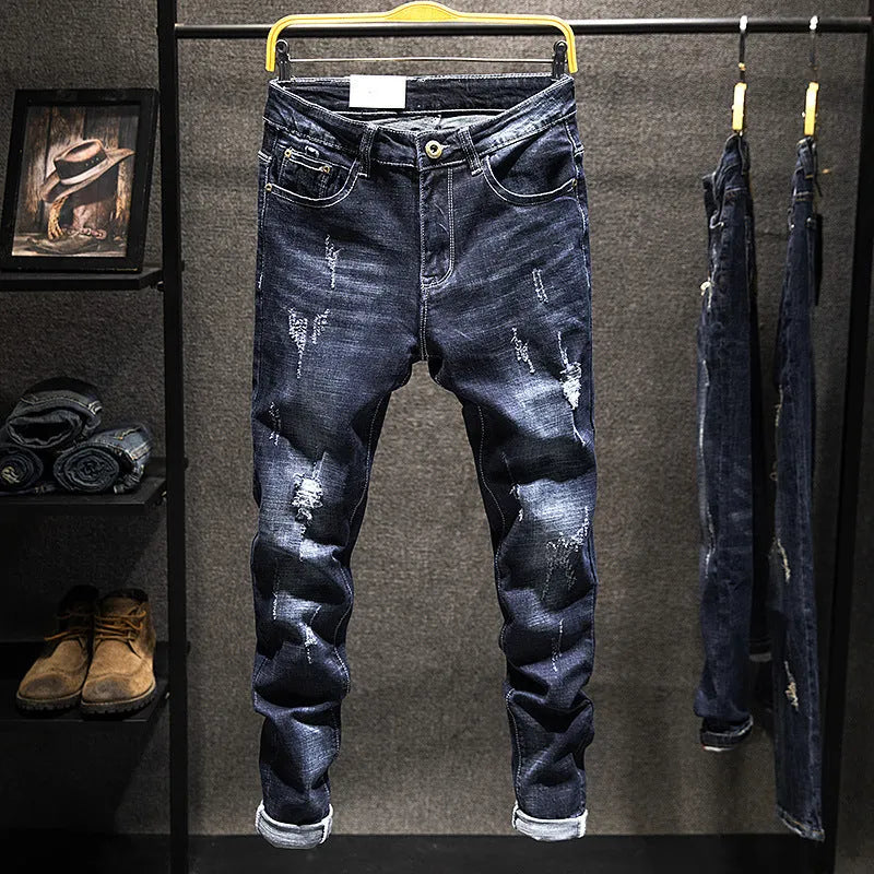 Men's dark blue and light blue skinny fit jeans with micro-elastic denim fabric.