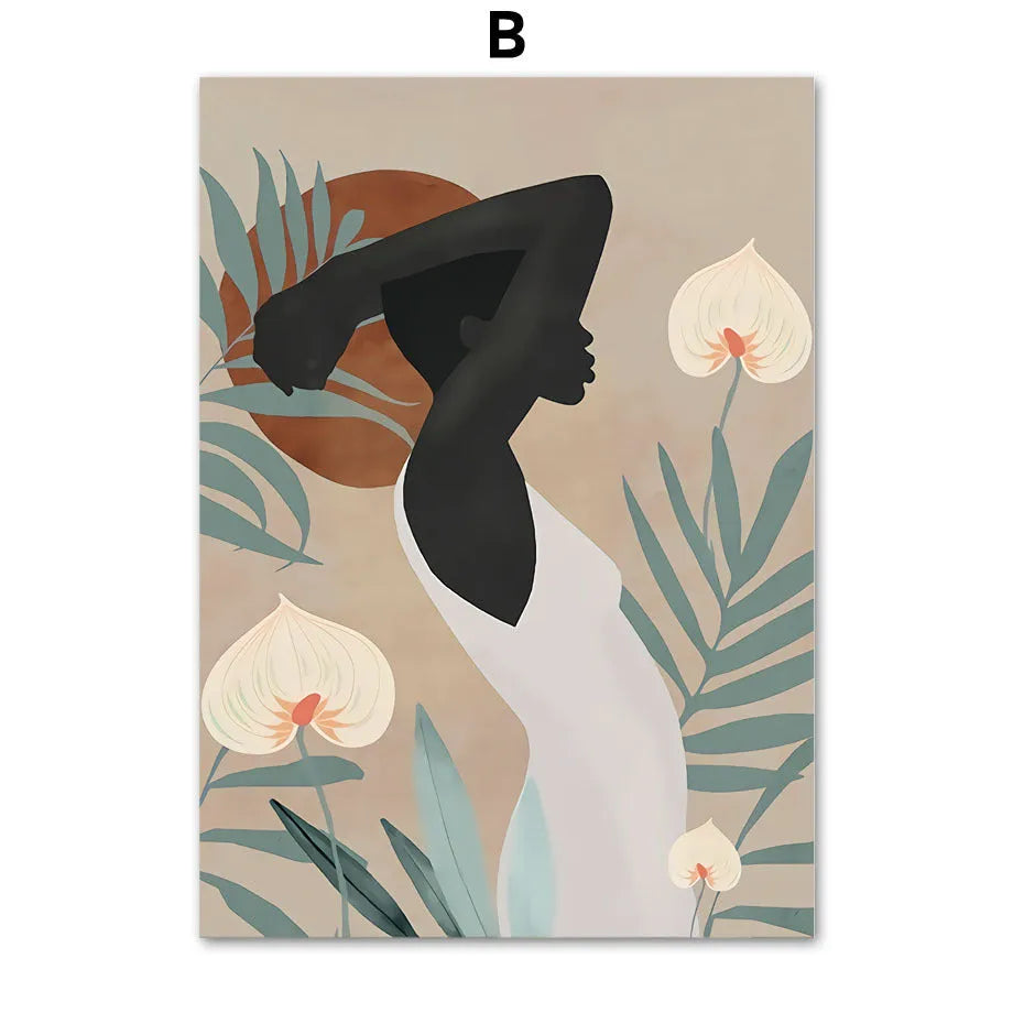 Abstract African women flower leaf mural canvas painting, unframed rectangular oil on canvas wall art