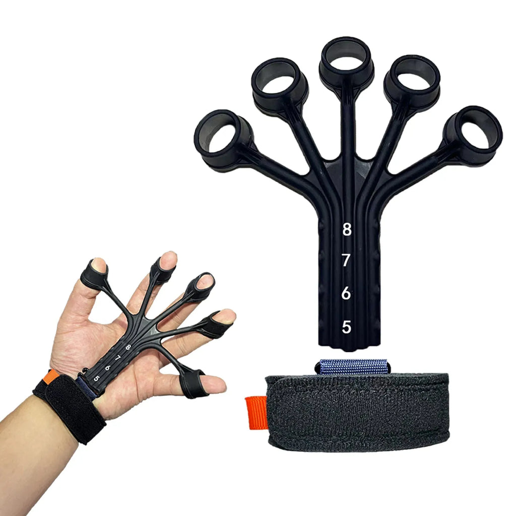 Silicone finger flexion and extension rehabilitation trainer with adjustable strap in black or grey.