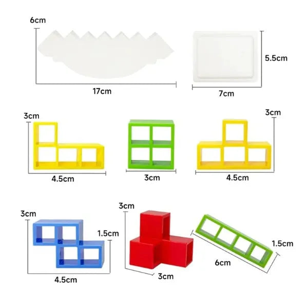 Plastic balance stacking game with coloured blocks on a tilting base, packed in a 26.5 cm box.